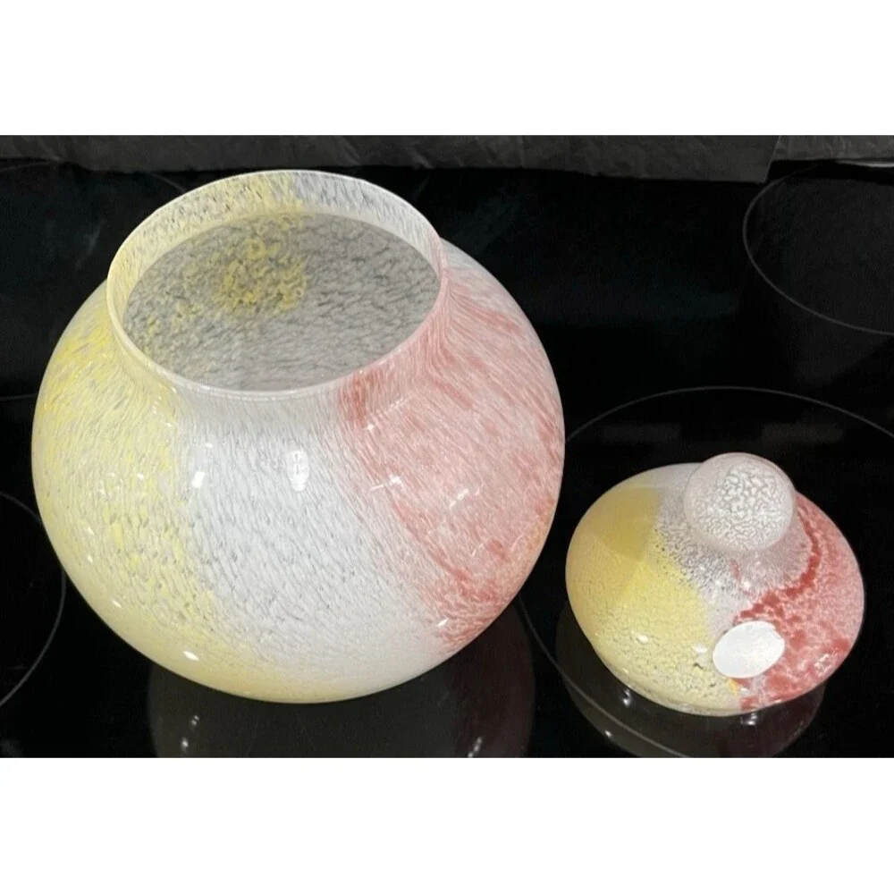 Crystal Clear Apothecary Jar Italy Art Glass Pink Yellow White Swirl 10